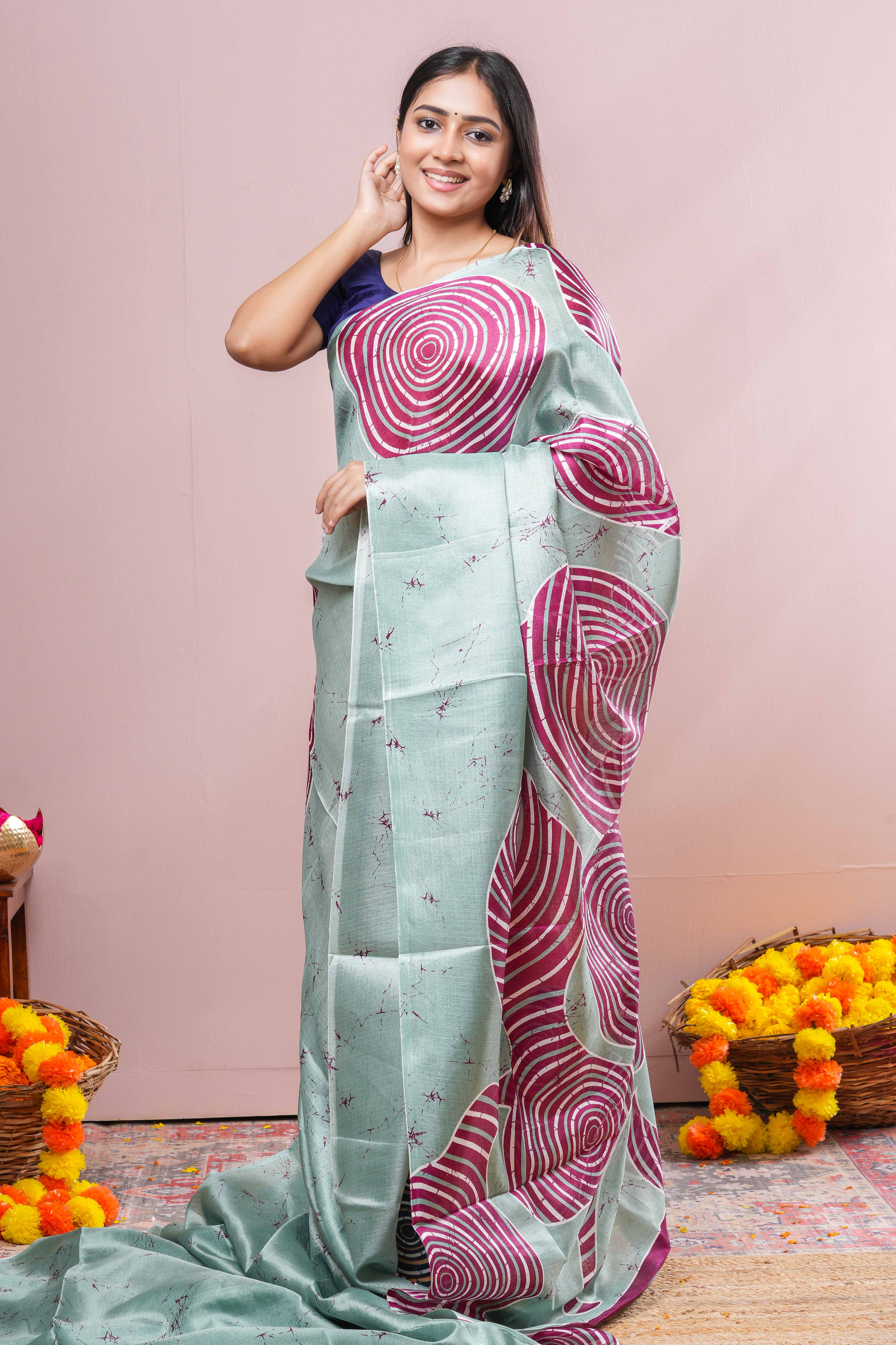 pastel green south cotton Saree All- Over Spiral Digital Print Along With Blouse