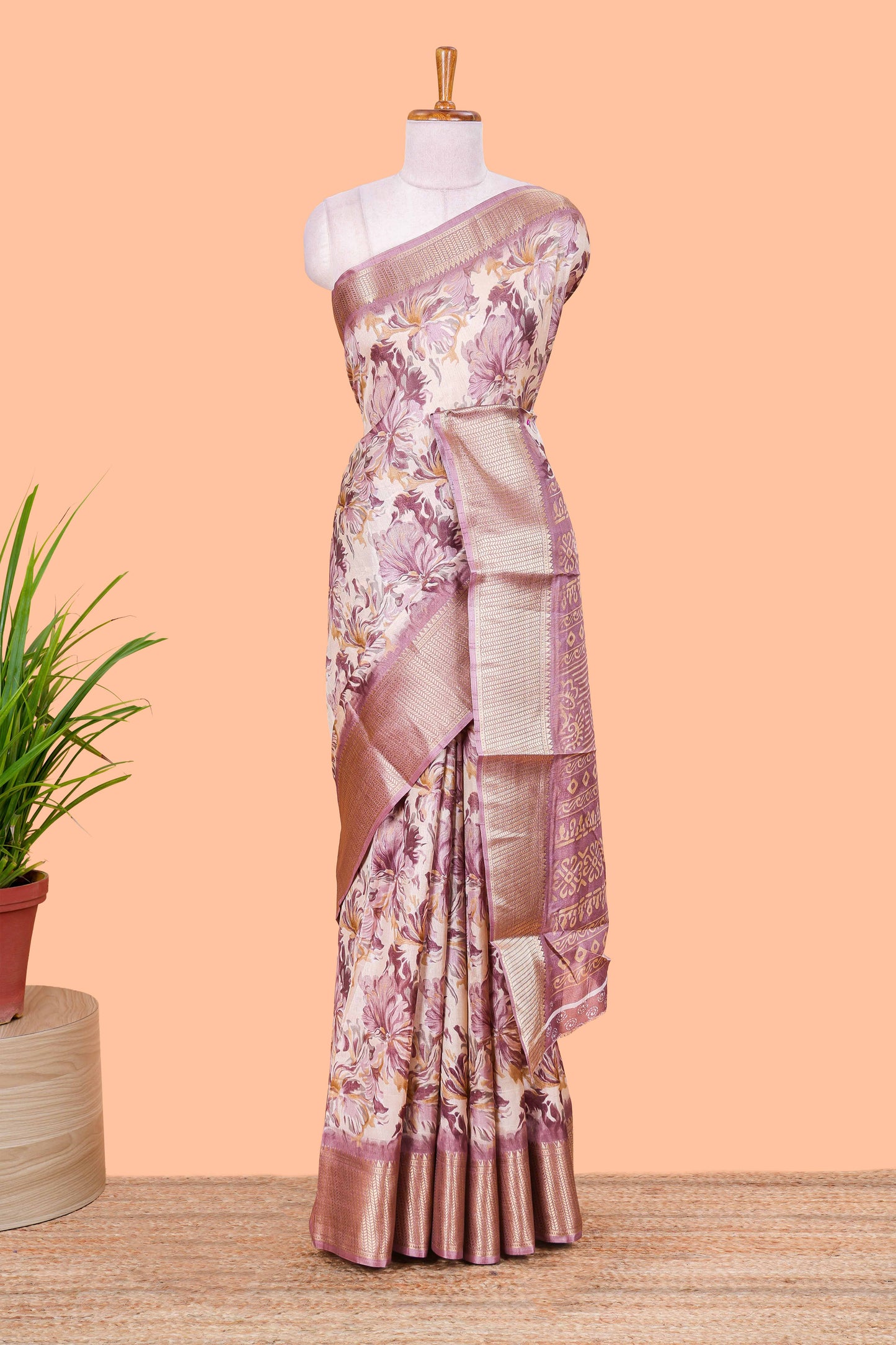 Pink Semi Banaras Dola Silk Floral Printed With Jacquard Border
