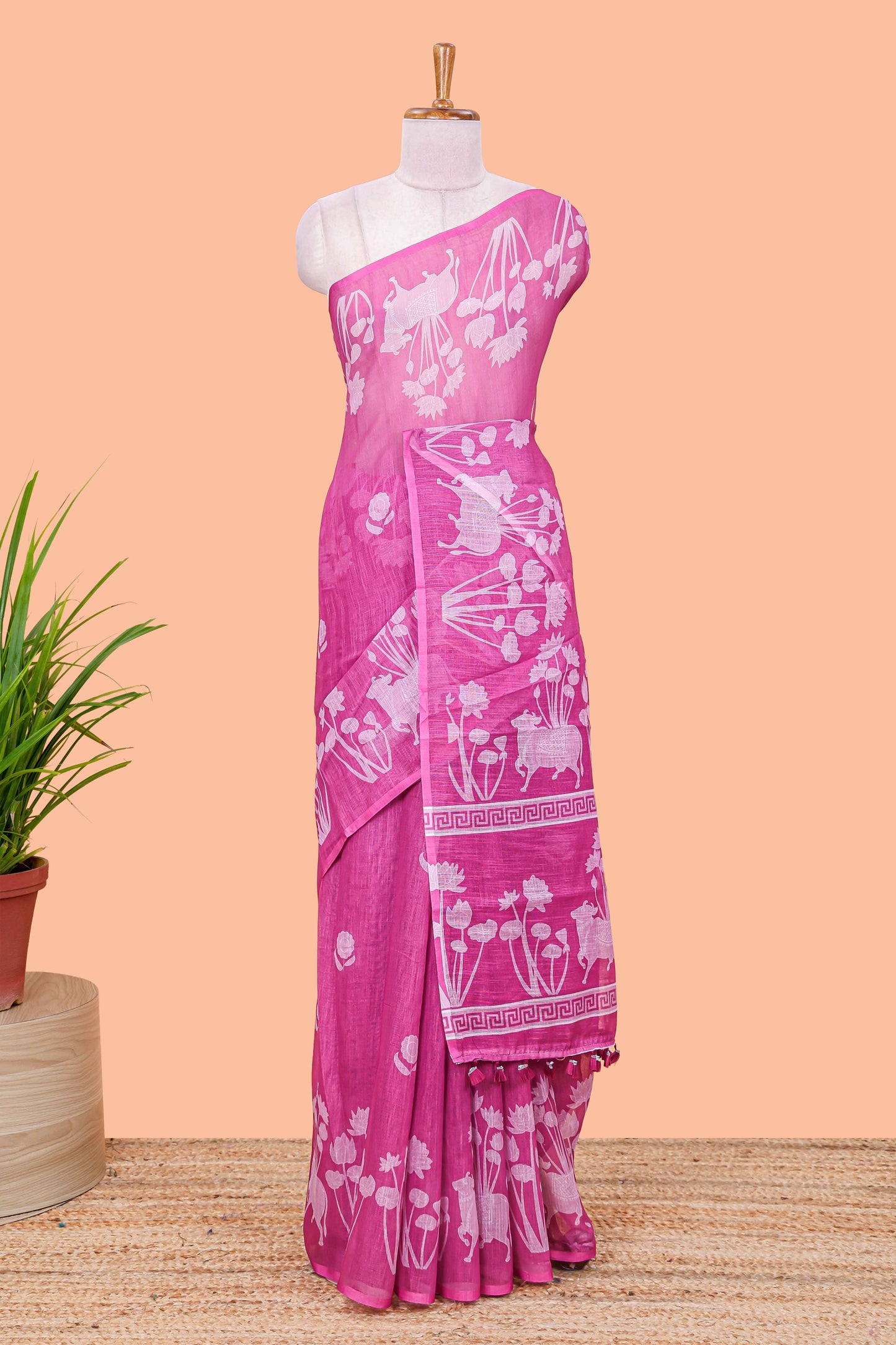 Purple Linen Cotton Body Flower Print With Border Pichwai and Lotus Flower Print and Printed Blouse