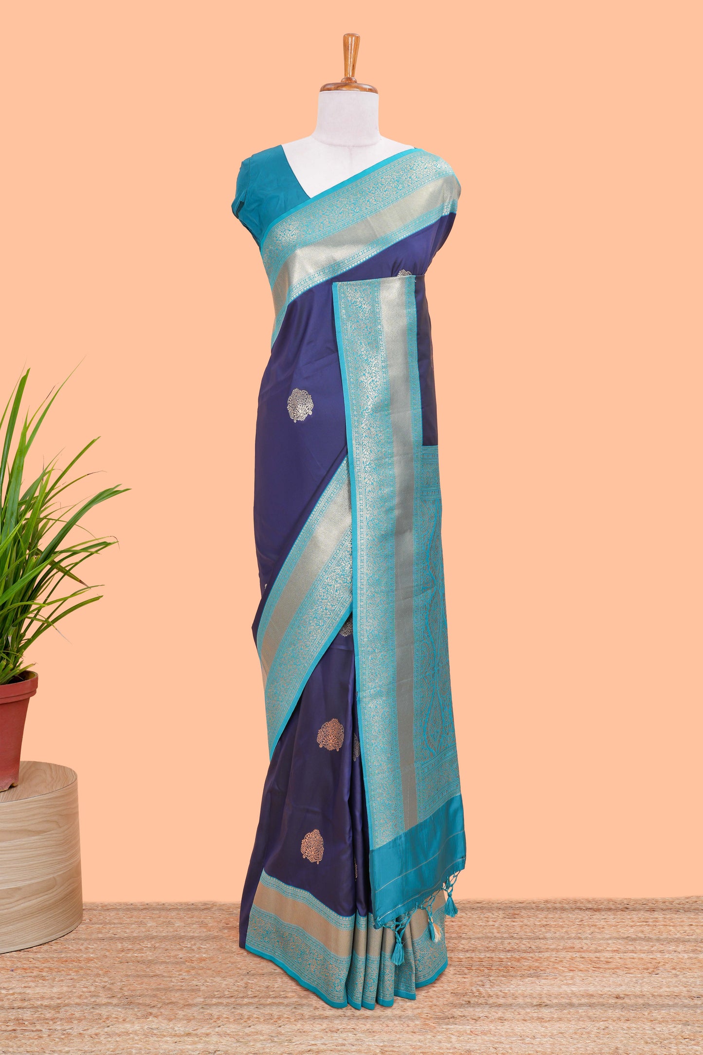 Raw Silk Saree Golden Zari Butta Across The Body And Contrast Pallu