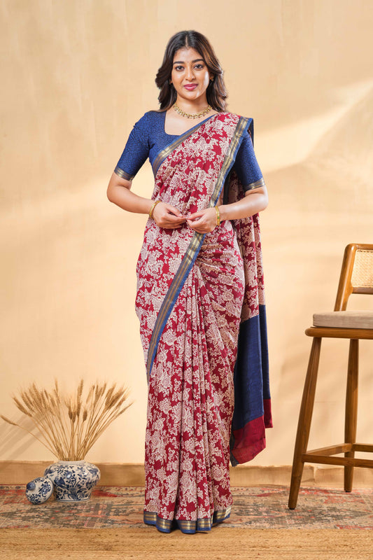 Maroon Dola Silk Saree Floral Design Across The Body & Contrast Pallu Along With Blouse