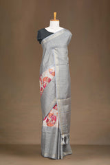 Grey Art Tussar Saree Traditional Madhubani Print Across The Body With Zari Stripes Pallu