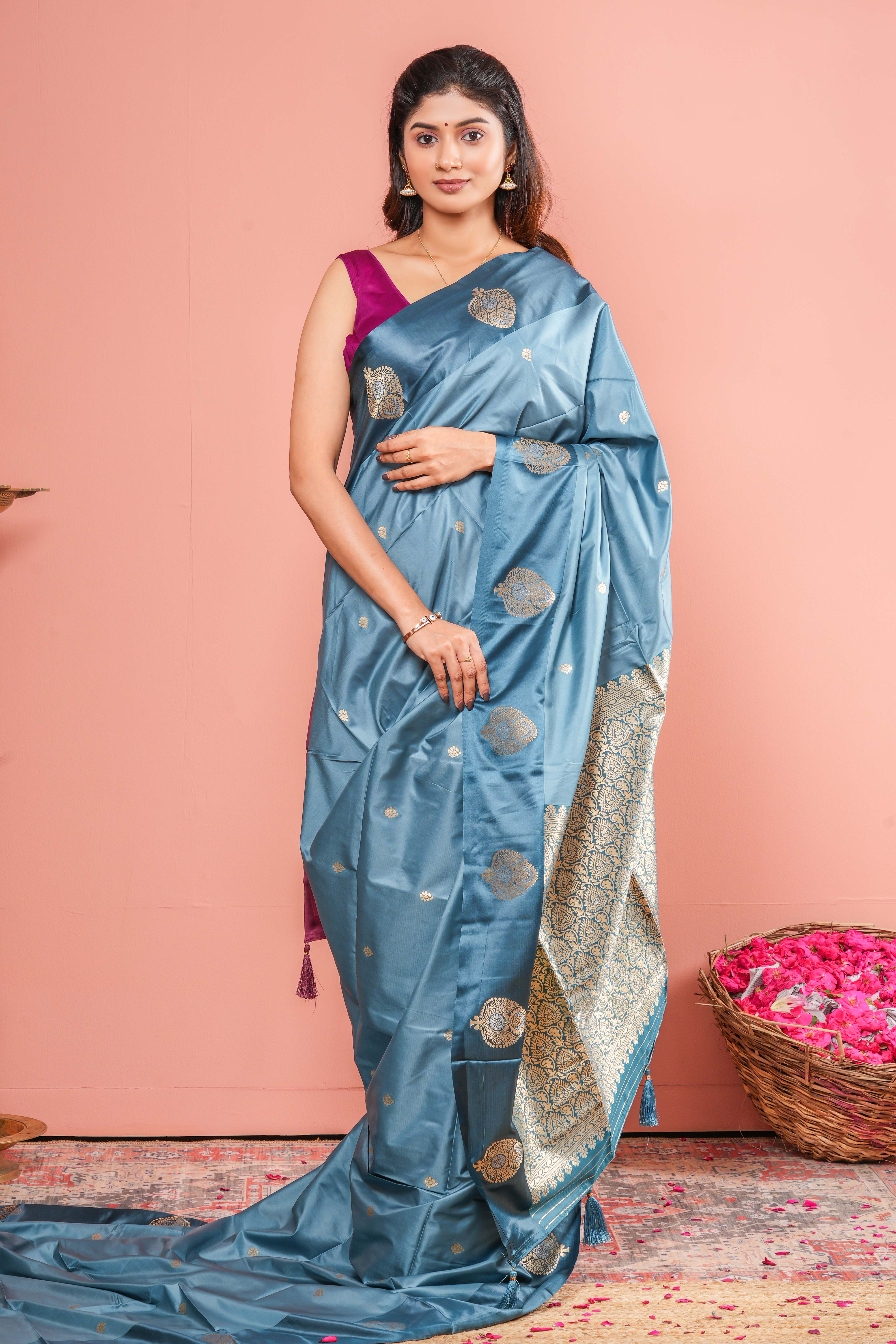 Art Silk Saree Zari Butta Across The Body With Gold Zari Weaving Pallu
