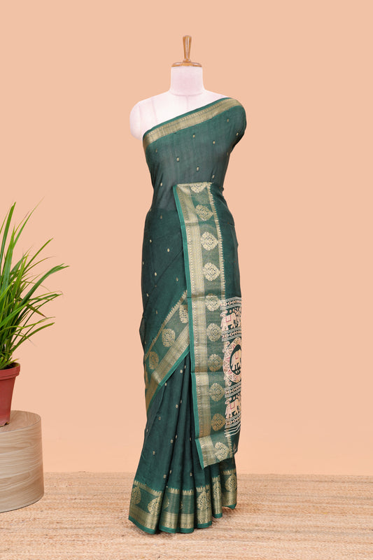 Green viscose dola silk saree with all-over zari butta, elephant motif pallu & contrast blouse