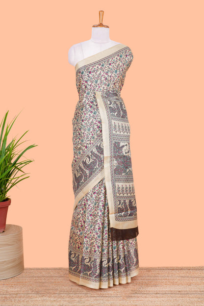 Sandal floral madhupani print south cotton saree with self border and contrast blouse