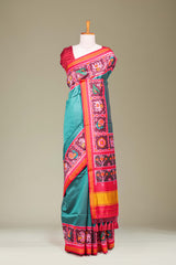 Peacock Green Art Silk Saree Plain Body With Patola Design Pallu Along With Contrast Blouse