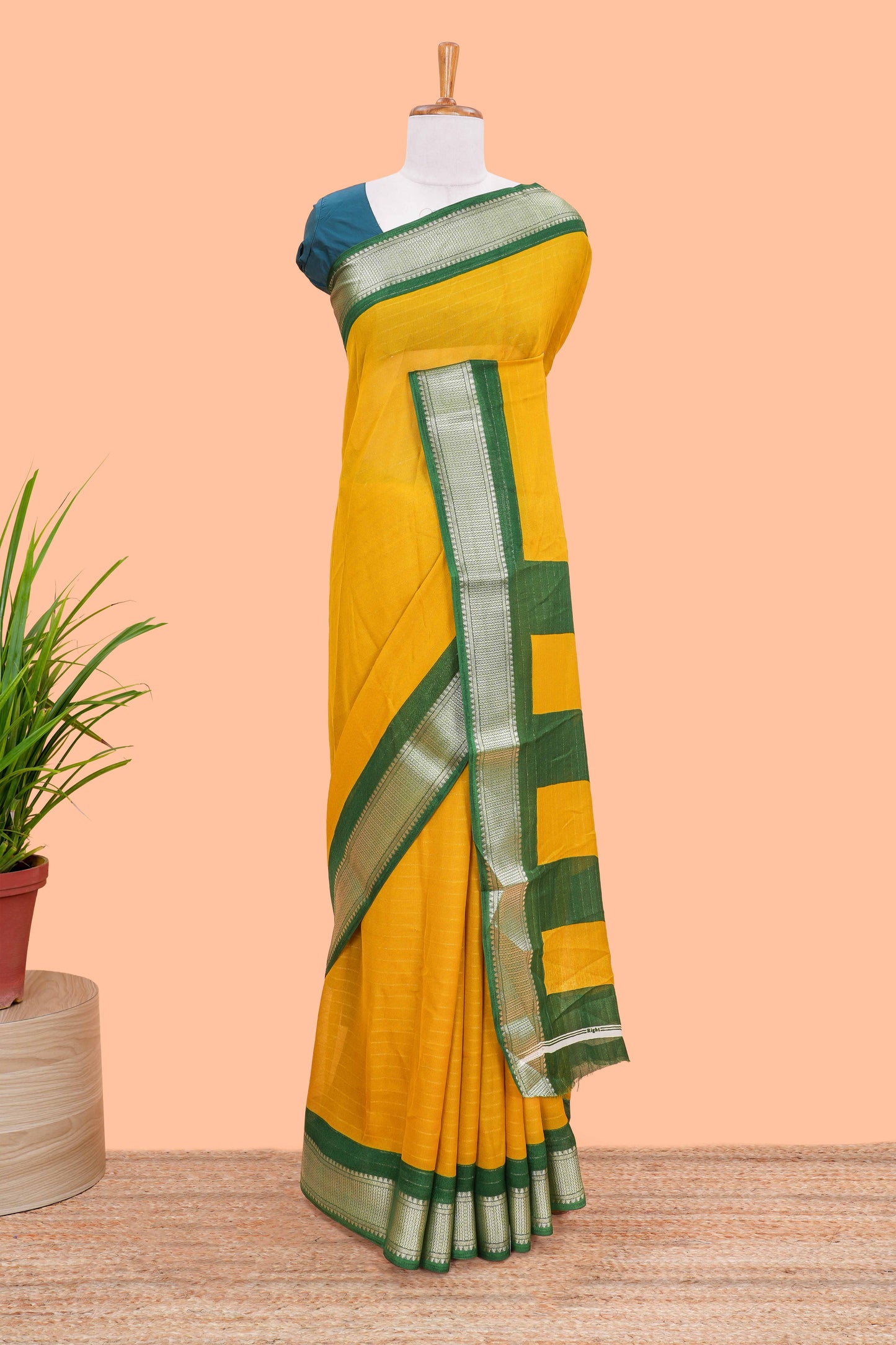 Mustard stripes crepe chiffon saree with contrast border and blouse