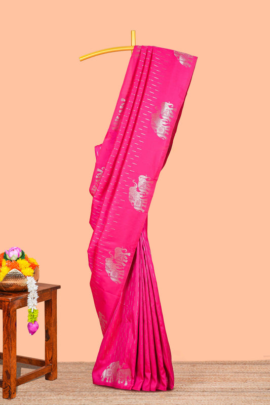 Rani Pink Semi Soft Silk Saree Zari Butta All Over And Floral Design Pallu