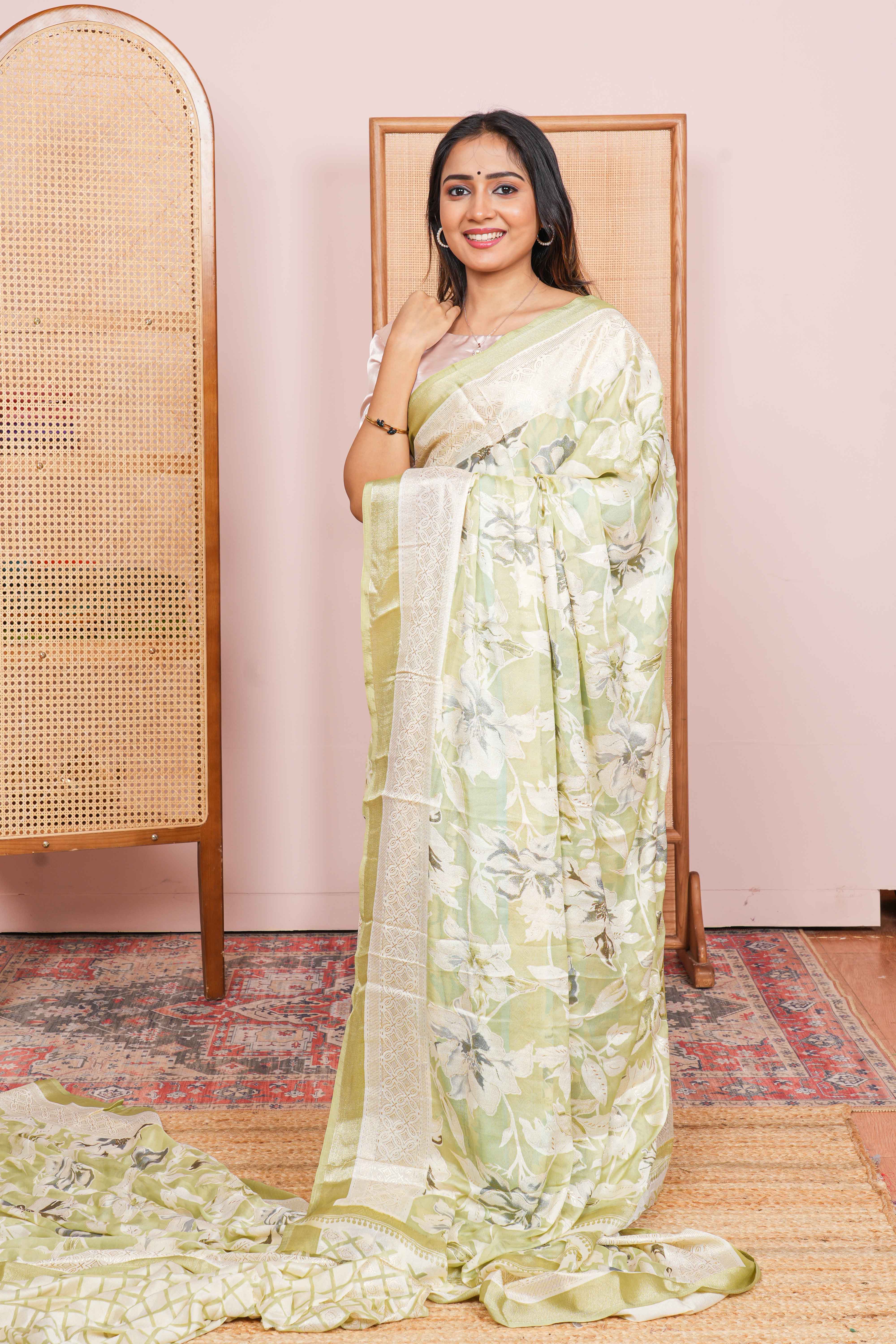 pastel green brasso saree