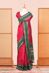 Maroon Retta Petta Art Silk Saree With Plain Body Retta Petta Border Contrast Intricate Gold Zari Stripes Pallu Along With Geometric Motifs Blouse
