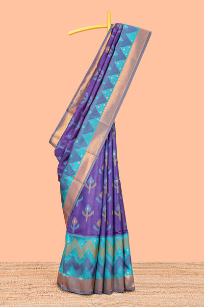 Violet Semi Soft Silk Saree Body All Over Ikkat Pochampally Thread Weaving and Chevron Pattern Border With Ikkat Rich Pallu