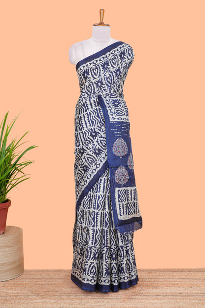 Navy Blue south Cotton Body And Pallu All Over Batick Print Design