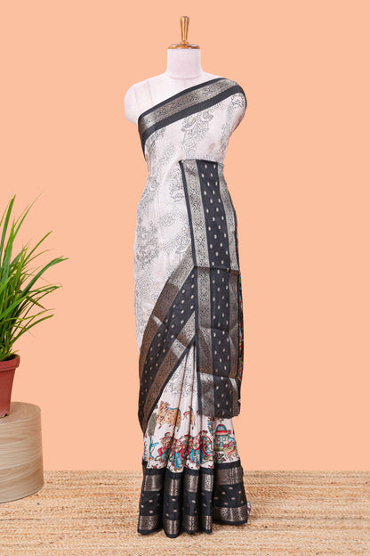 Black Mars Georgette Body Floral Print With Contrast Bentex Border Above Kalamkari Print With Kalamkari Pallu