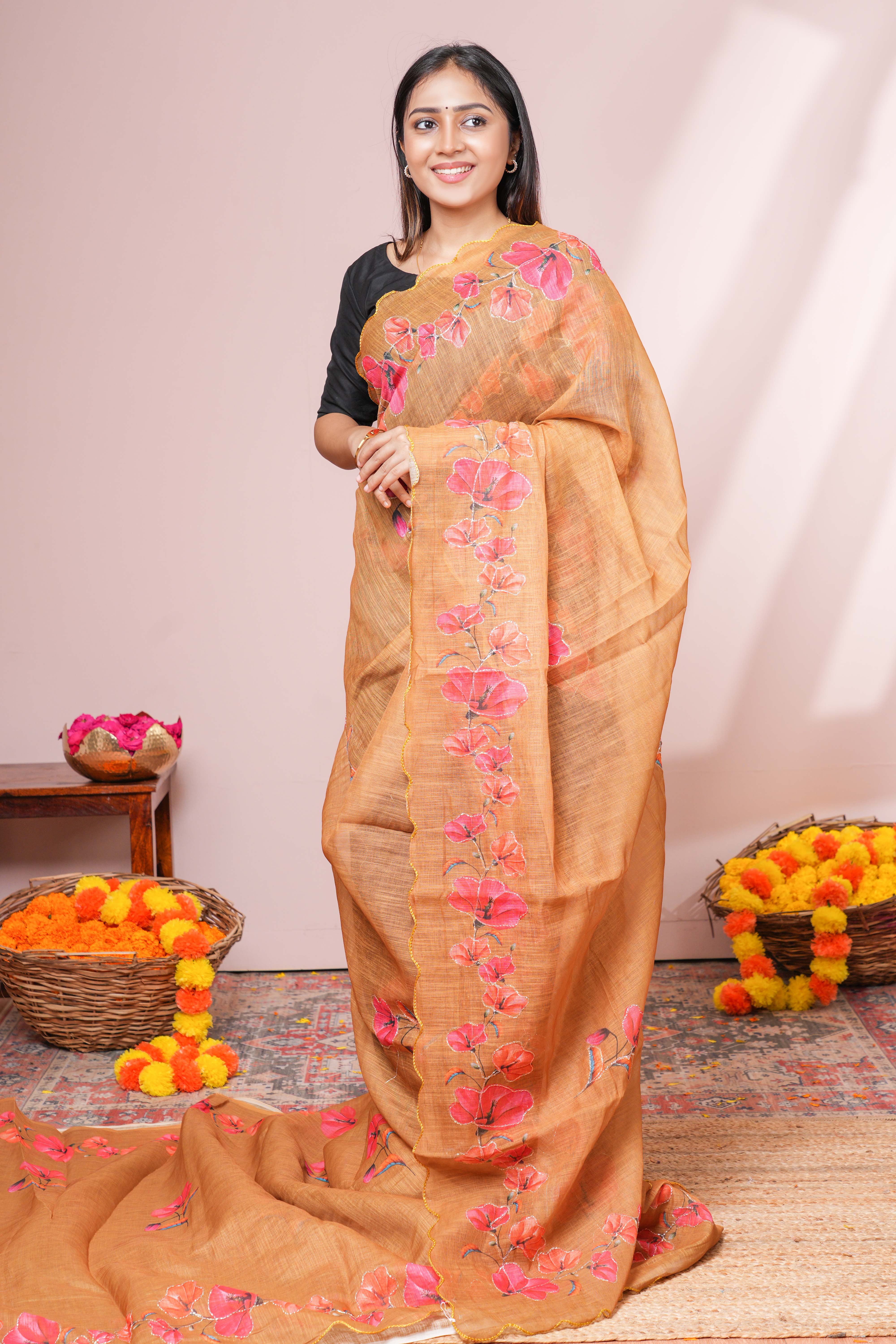 Mustard Yellow Linen Saree Elegant Floral Print With Aari Work Across The Body Scallop Border Along With Contrast Floral Design Blouse