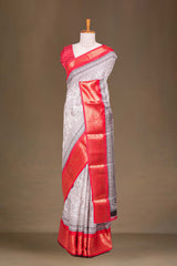White Dola Silk Saree Pen Kalamkari Print Across The Body With Contrast Floral Zari Weaving Border Along With Zari Stripes Blouse