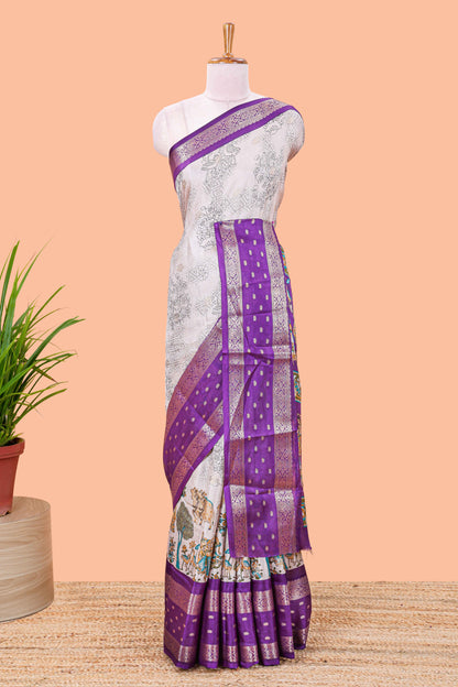 Lavender Mars Georgette Body Floral Print With Contrast Bentex Border Above Kalamkari Print With Kalamkari Pallu