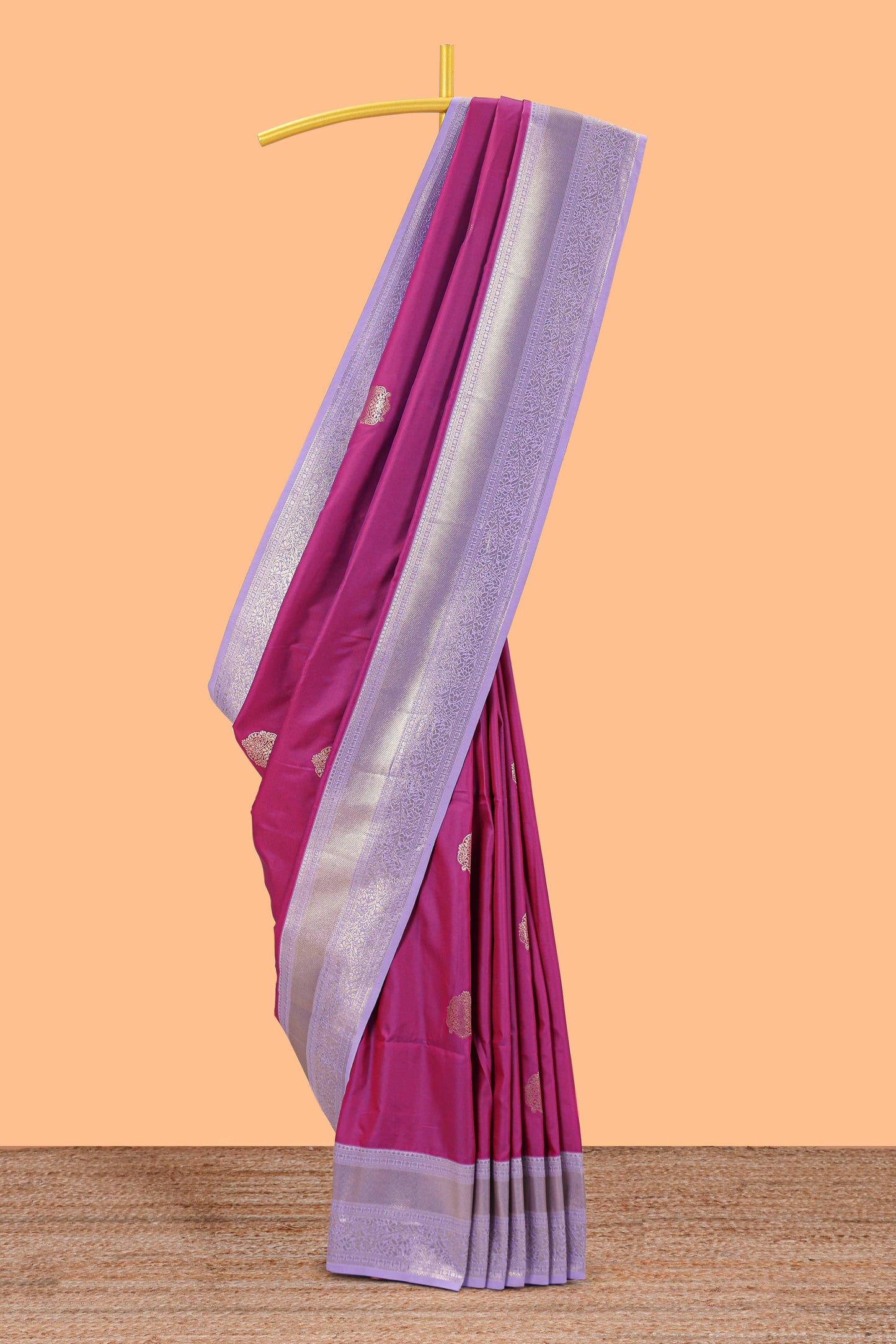 Pink zari butta raw silk saree with contrast zari border and pallu