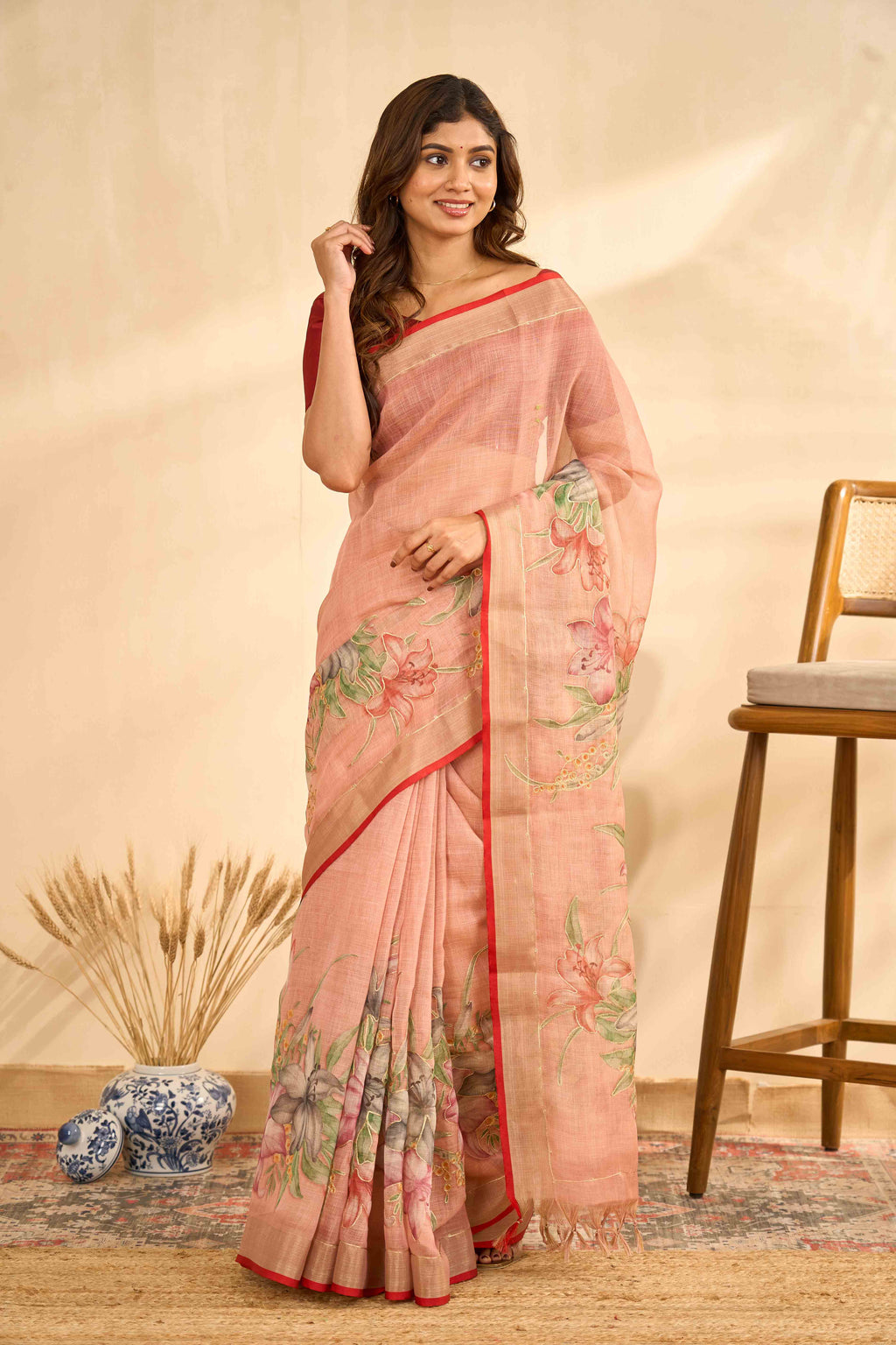 Peach Linen Sarees With Aari Work And Digital Printed