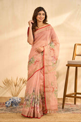 Peach Linen Sarees With Aari Work And Digital Printed