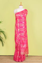 Rani Pink Viscose Georgette Saree Zari Woven Stripes, Floral Pattern Across The Body With Paisley Motifs Pallu