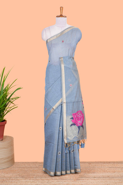 Blue floral design motifs munga cotton saree with self zari border and floral printed pallu