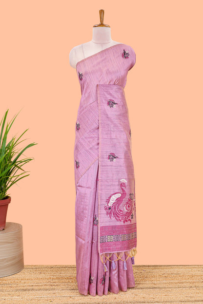 Lavender munga cotton peacock butta saree with fine thread weaving, borderless style and matching blouse