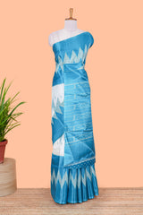 Blue & white geometric ikkat style south cotton saree with striped pallu and blouse