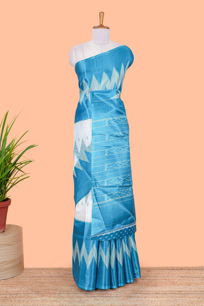 Blue & white geometric ikkat style south cotton saree with striped pallu and blouse