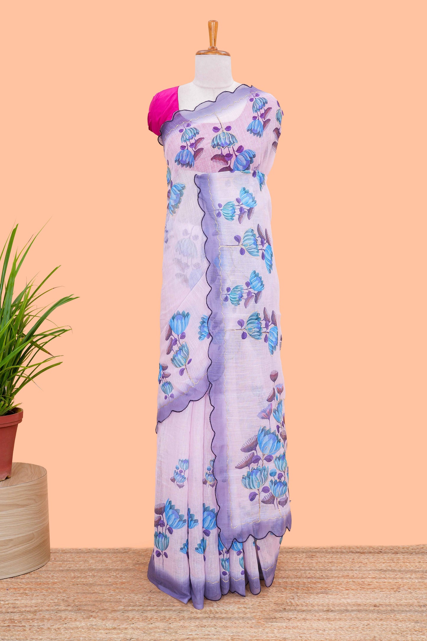 Linen Saree Body Printed With Outing Zari With Piping Cut Work Border With Printed Pallu And Blouse