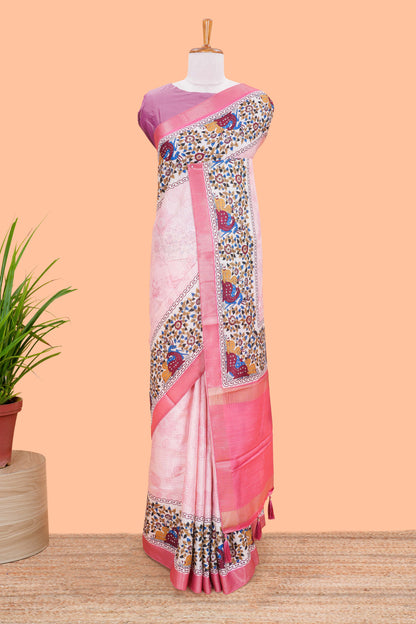 Peach Art Tussar Saree Floral Design Across Body Along With Blouse