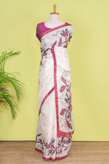White south cotton Saree DigitalPrint Across The Body With Contrast Border