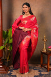 Rani pink Semi Silk Saree Gold Zari Woven Paisley Motifs with Woven Zari Border and Contrast Blouse