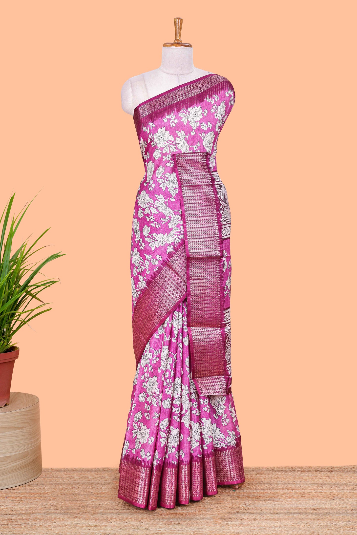 Purple Dola Silk Saree  Floral Printed With Jacquard Border