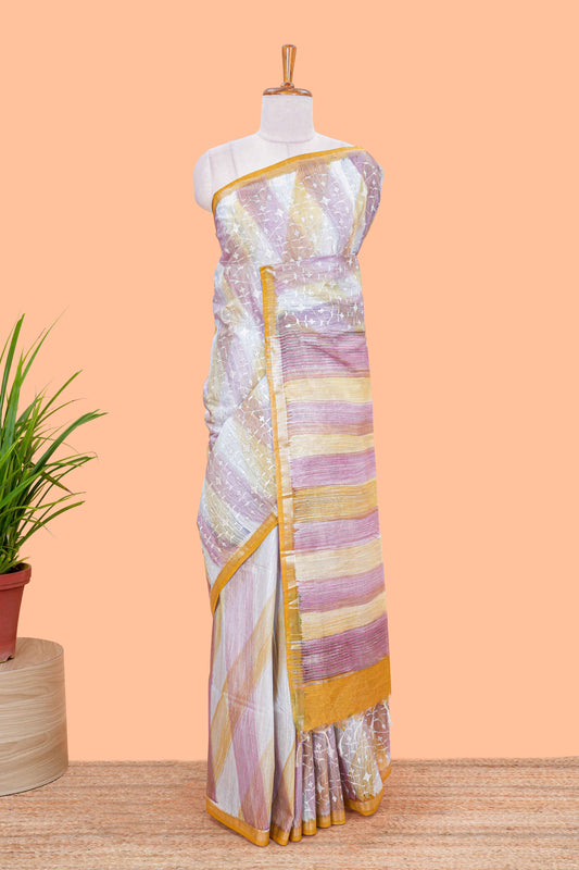 Art Tussar Multi Print With Chikenkaari Work Border Less With Tassels