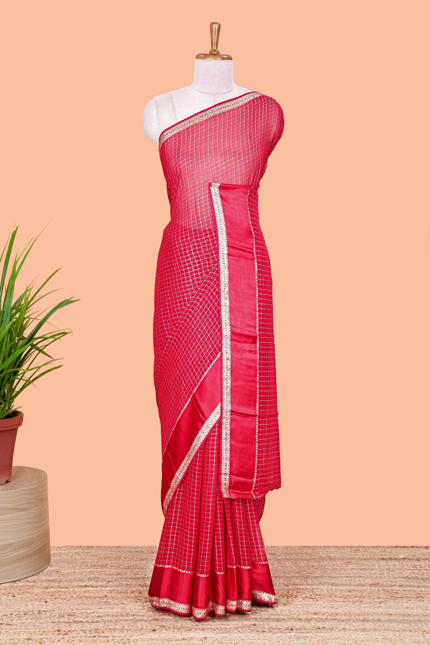 Rani Pink Georgette Sarees All Over Zari Check With Satin Border