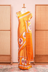 Vibrant Yellow Modal Silk Saree The Body Has Fine Vertical White Stripes The Border Are Highlighted Pichwai Design Along With Ajrakh Printed Blouse