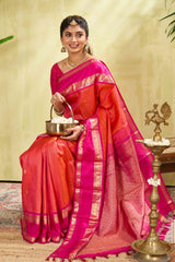 Kanchipuram Vaira Oosi Silk Saree in Bright Pink with Gold Zari and Contrast Magenta Border