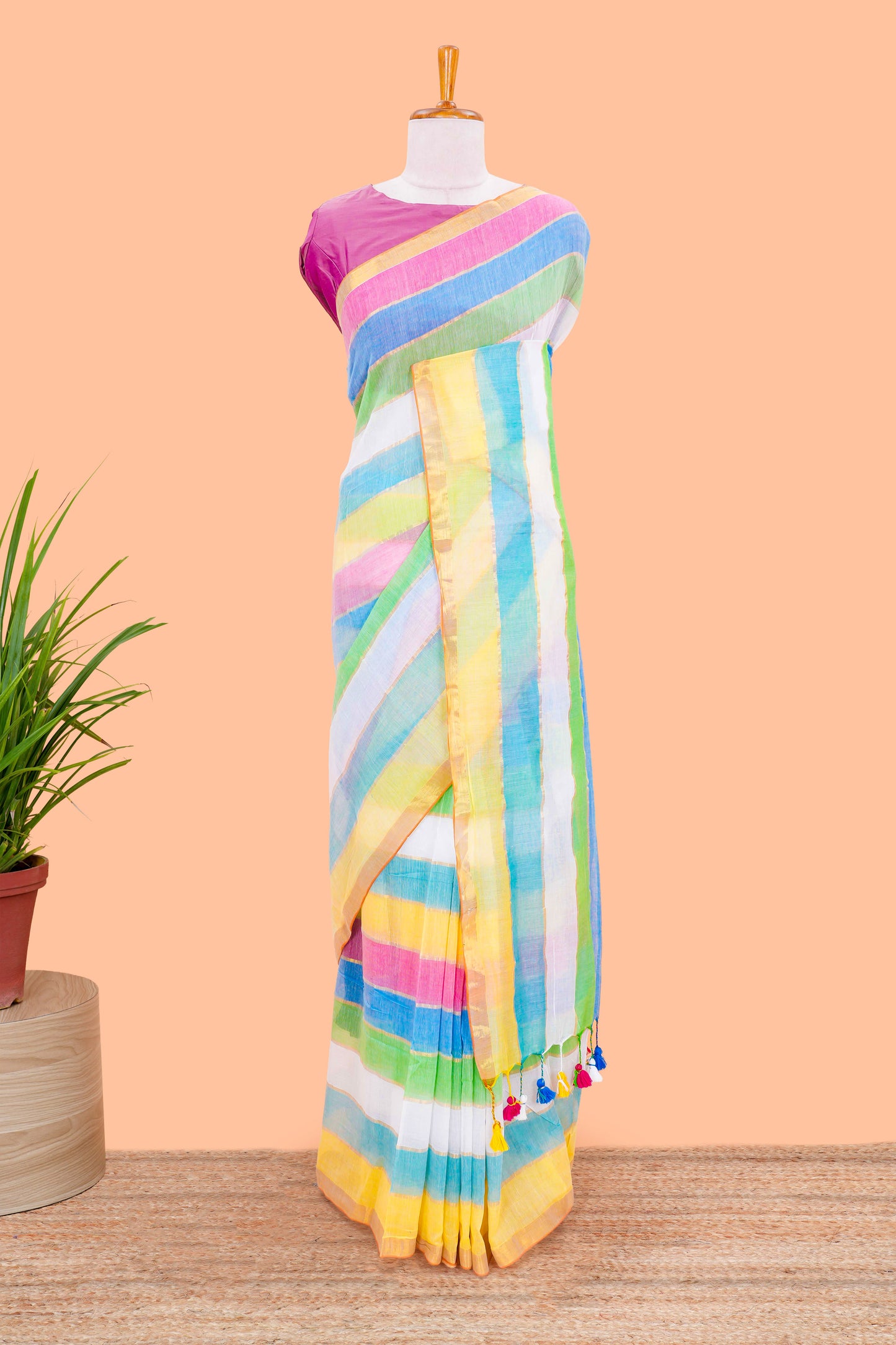 Khadi Cotton Saree Multi Colour Saree Along With Blouse