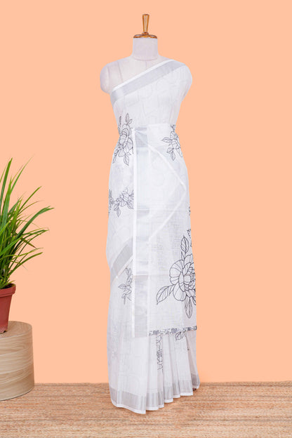 White floral design linen cotton saree with self silver zari border printed blouse