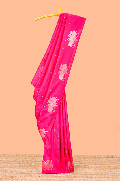 Pink Semi Soft Silk Saree Body Rain Drop Butti and Border Nandhi Motifs and Grand Zari Rich Pallu
