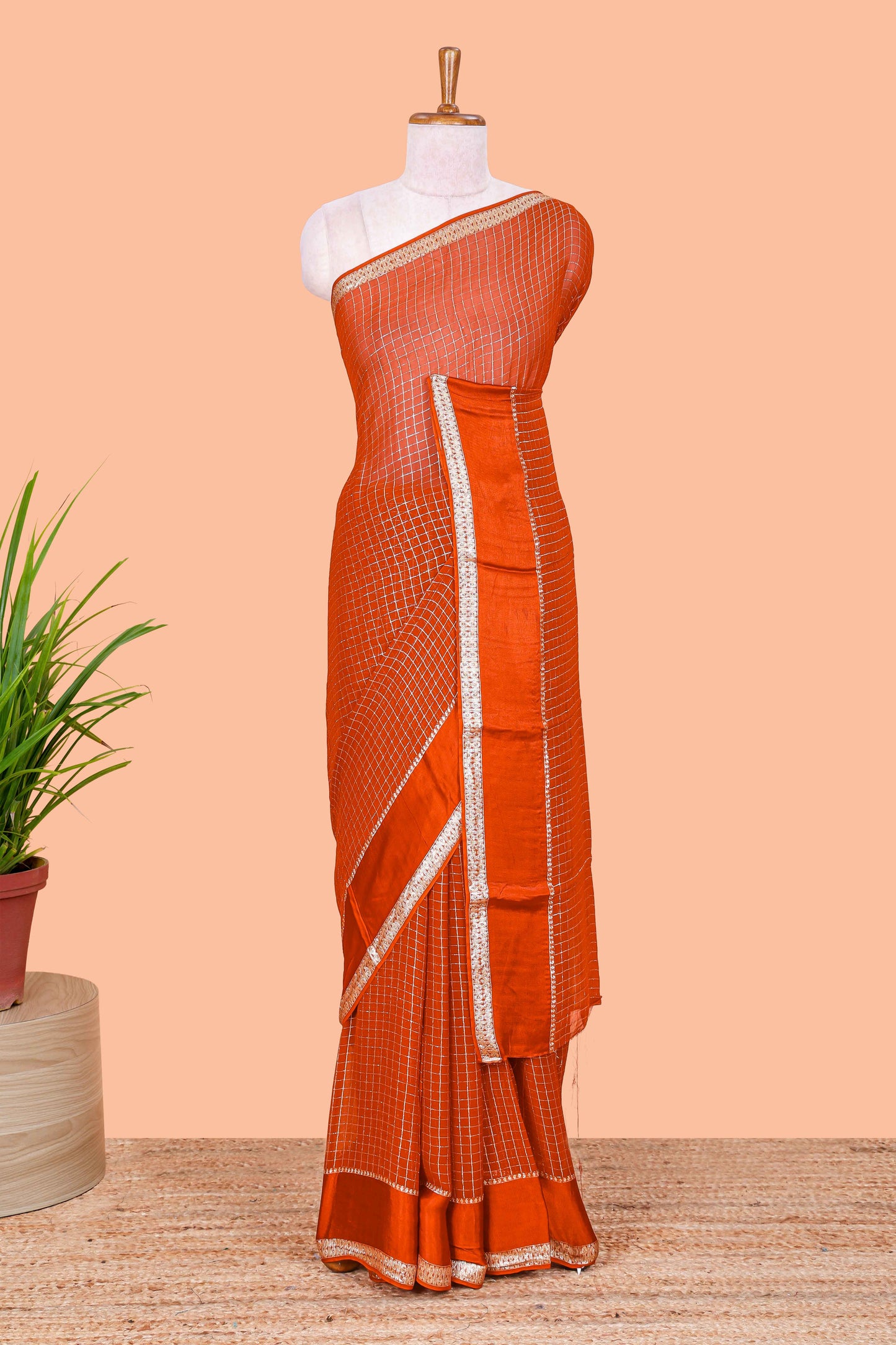 Orange Georgette Saree All Over Zari Check With Satin Border
