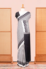 White Modal Silk Saree Lightweight Contrast Vertical Line Printed With Temple Border Circle Butta Design Pallu