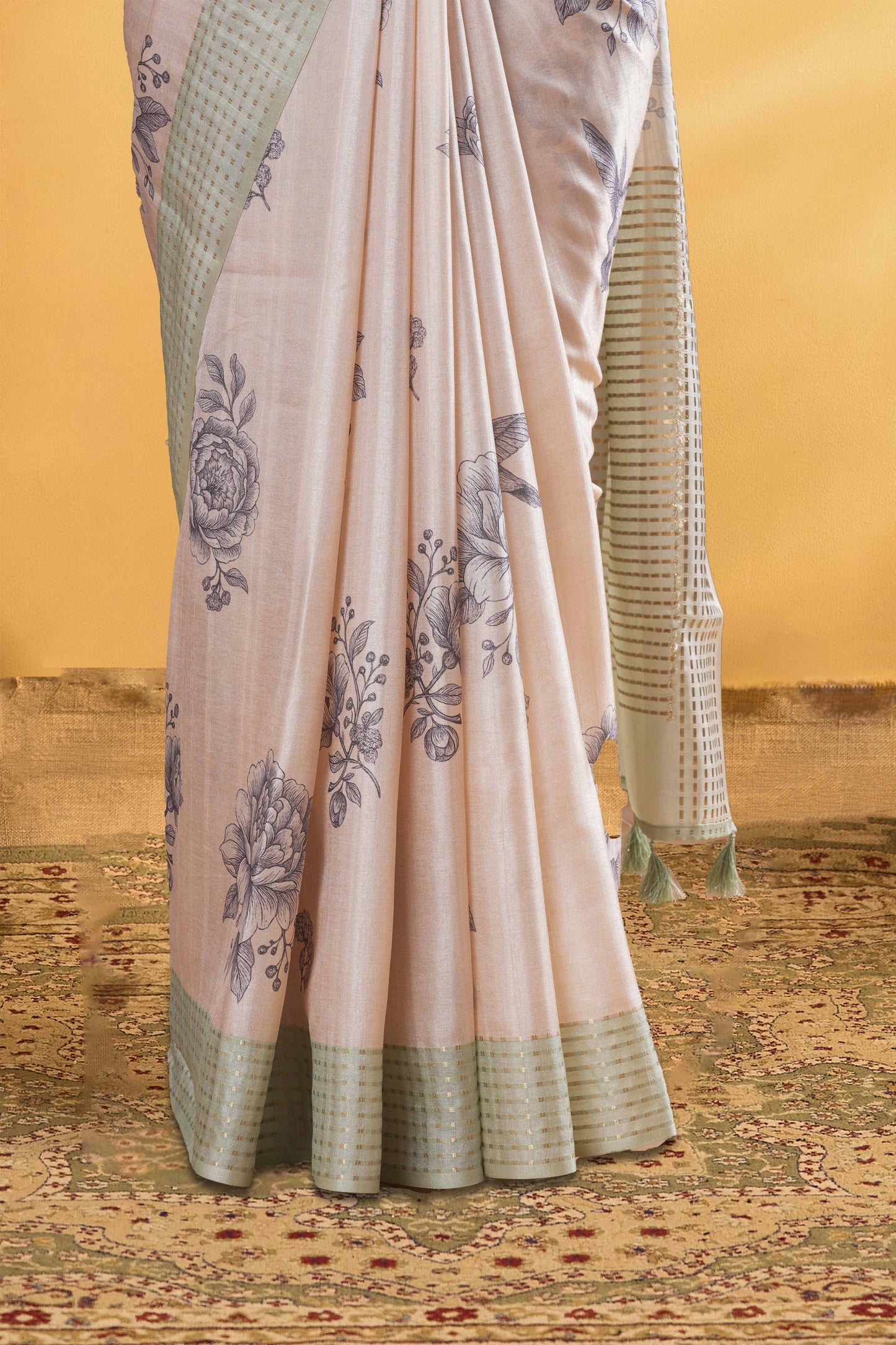 Sandal Art Tussar Saree Flower Motifs Across The Body With Contrast Zari Weaving Pallu