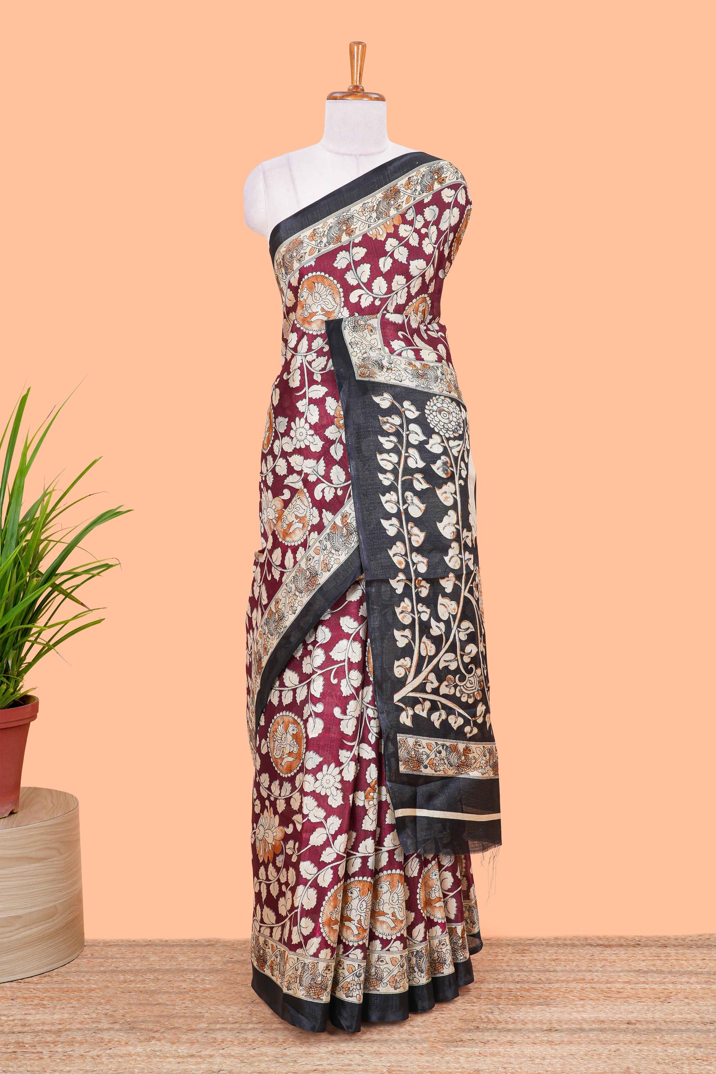 Maroon floral vine kalamkari style south cotton saree with contrast border and blouse