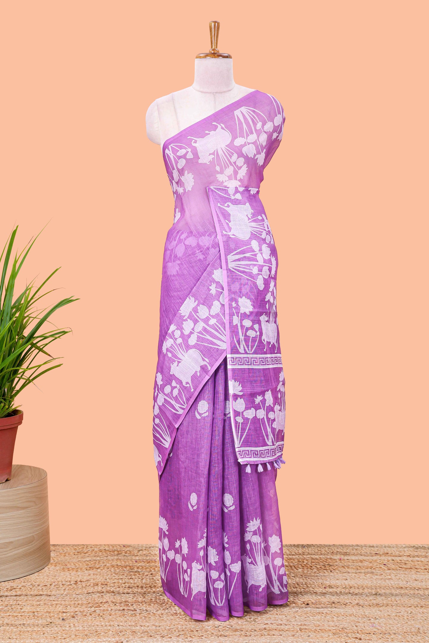 Lavender Linen Cotton Body Flower Print With Border Pichwai and Lotus Flower Print and Printed Blouse
