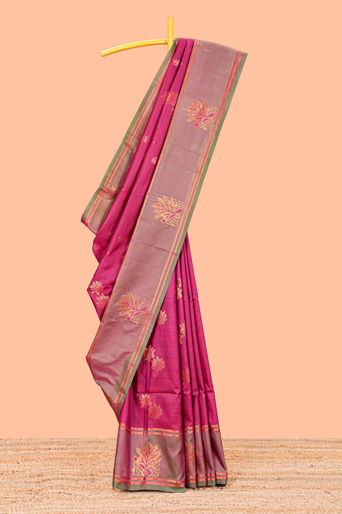 Pink Semi Soft Silk Saree Body All Over Leaf Motifs Zari Butti And Bentex Border With Grand Zari