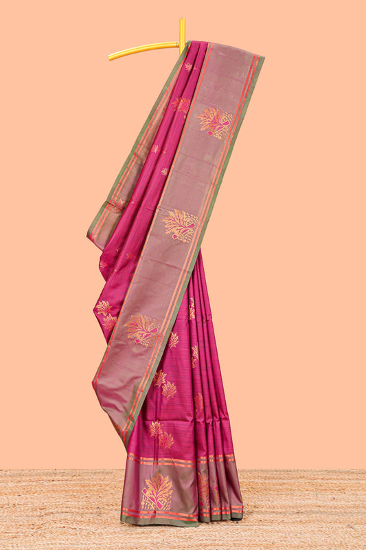 Pink Semi Soft Silk Saree Body All Over Leaf Motifs Zari Butti And Bentex Border With Grand Zari