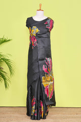 Black south cotton Saree With Multi Color Orchid Printed Across The Body Along With White Dotted Blouse
