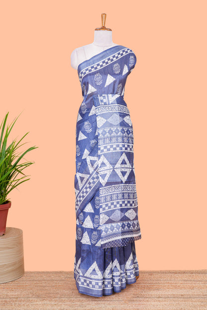 Blue floral and geometric print south cotton saree with self border and matching blouse