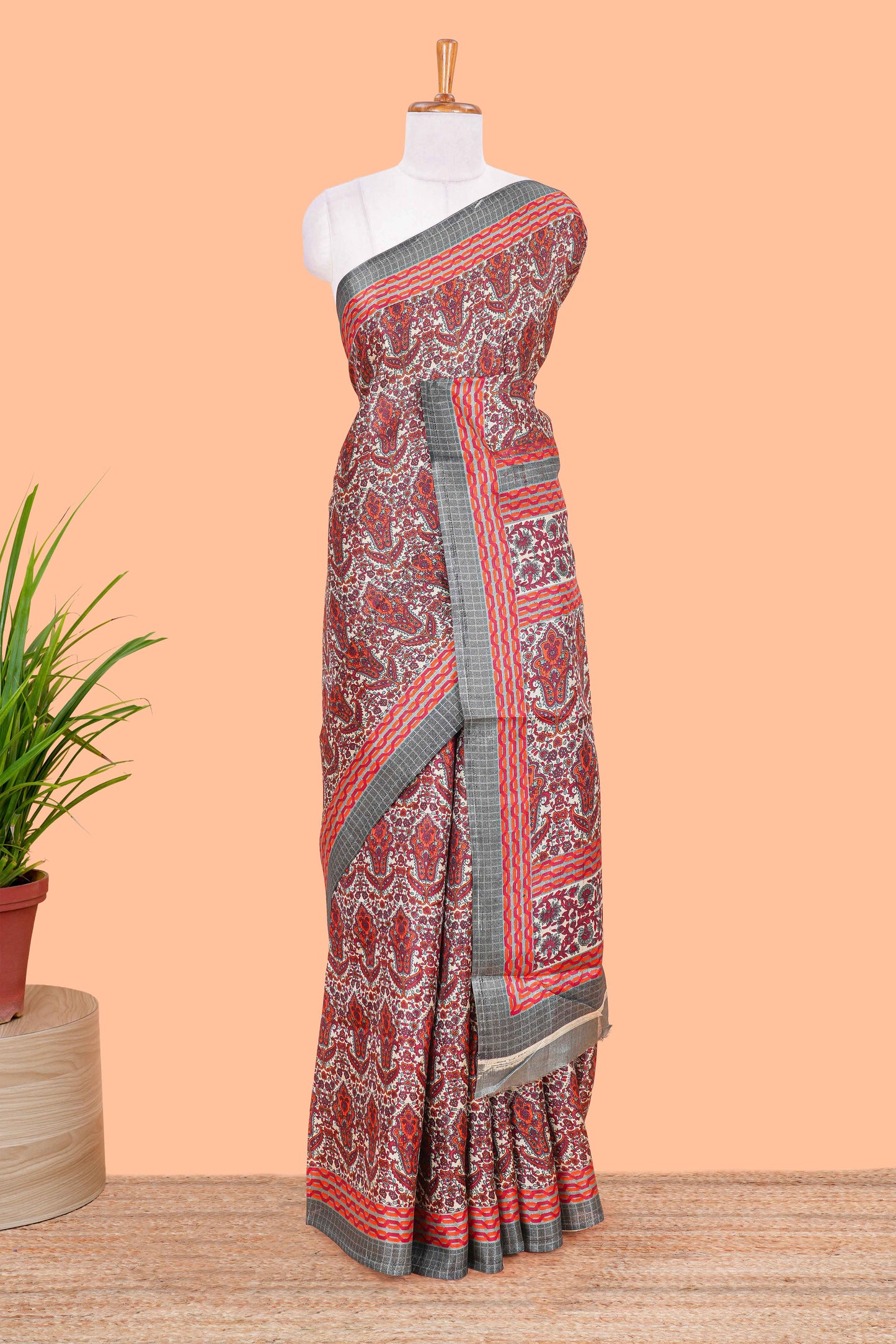 Cream pashmina print south cotton saree with contrast border and blouse